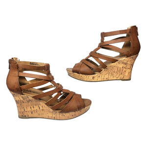 Brown Strappy Wedge Heels Womens 8 Chunky Bohemian Boho Peep Toe Gladiator